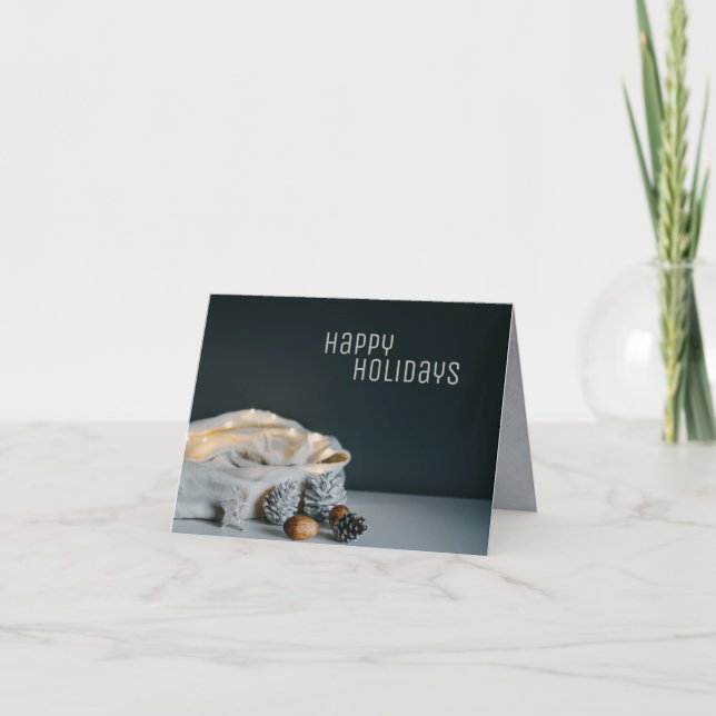 Santa's bag with twinkle lights, pine cones & nuts holiday card (Front)