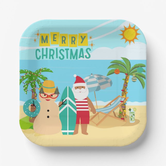 Santa's Beach Christmas Paper Plates (Front)
