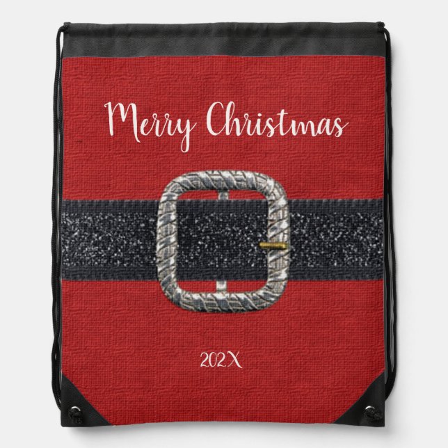 Santa's Belt Merry Christmas Drawstring Bag (Front)