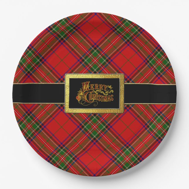 Santa's Belt Merry Christmas Tartan Plaid Paper Plates (Front)