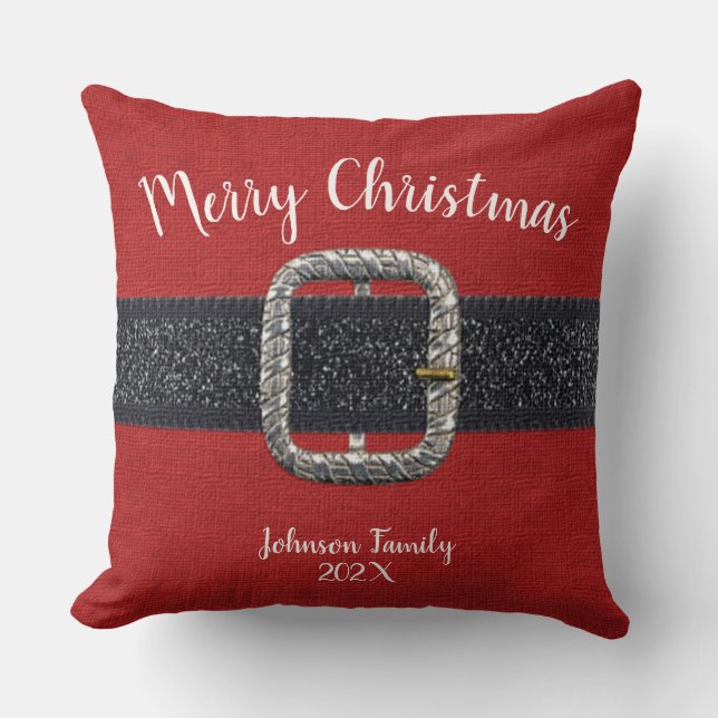 Santa's Belt Merry Christmas Throw Pillow (Front)