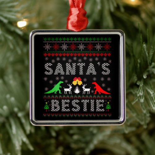 Santas Bestie Dino Winter Christmas Ugly Sweater  Metal Ornament