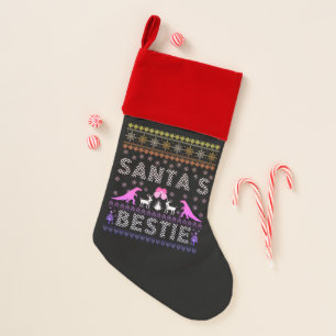 Santa's Bestie Dino Winter Christmas Ugly Sweater  Stocking