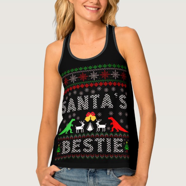 Santa's Bestie Dino Winter Christmas Ugly Sweater  Tank Top (Front)