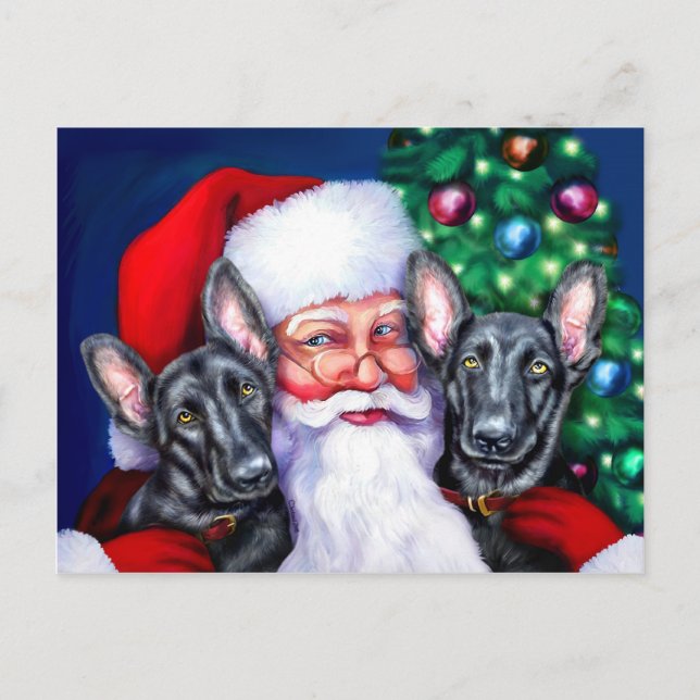 Santa's Black German Sheperd Dogs Holiday Postcard (Front)