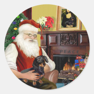 Santa's black / tan Dachshund (#16) Classic Round Sticker