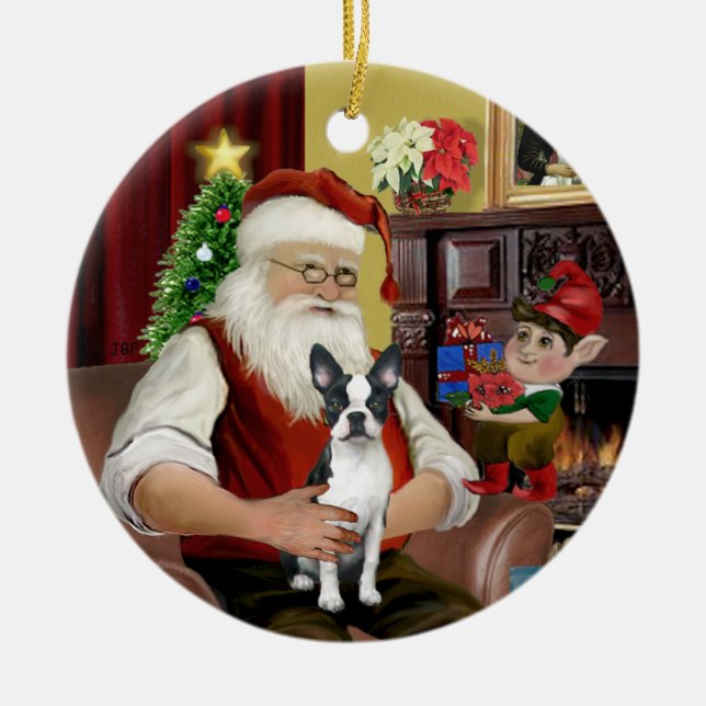 Santa's Boston Terrier #1 Ceramic Ornament (Front)