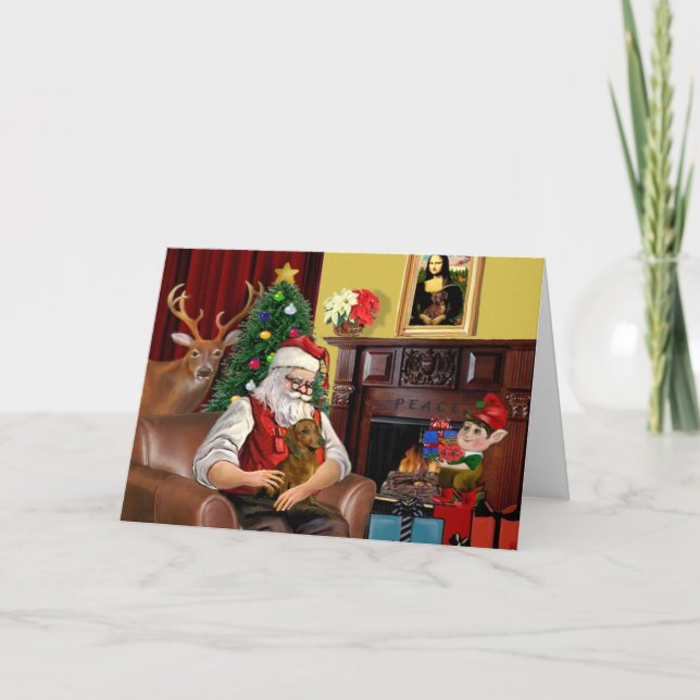 Santa's Brown/Red Dachshund Holiday Card (Front)