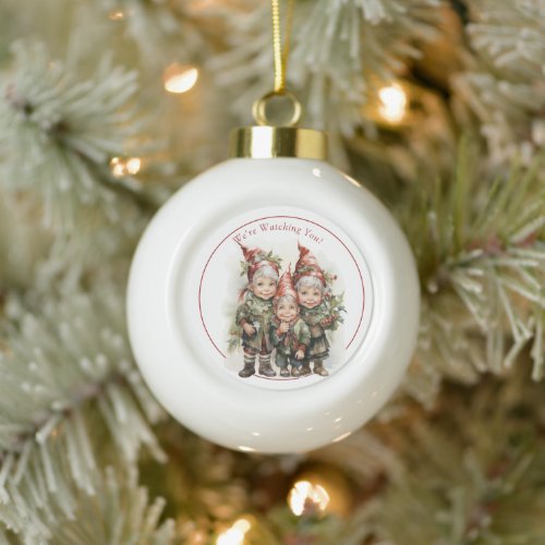 Santas Christmas Elves Red Caps Pointy Ears  Ceramic Ball Christmas Ornament