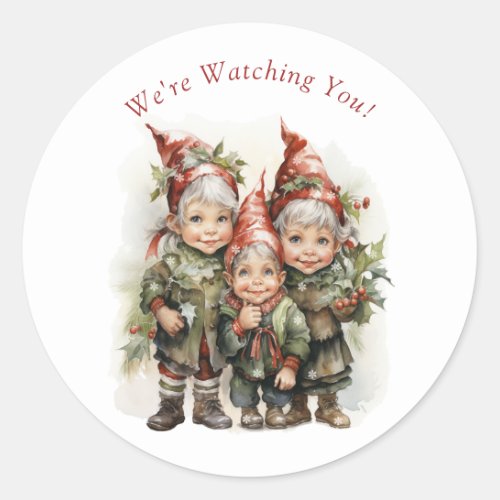 Santas Christmas Elves Red Caps Pointy Ears  Classic Round Sticker