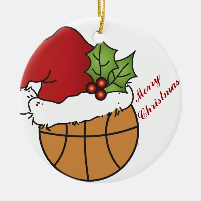 Santa's Christmas Hat on a Basketball Ceramic Ornament (Front)