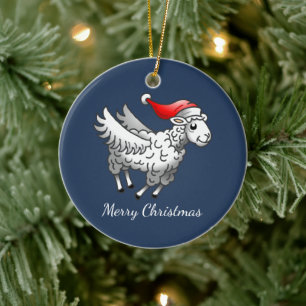 Santa's Christmas Lamb Ceramic Ornament