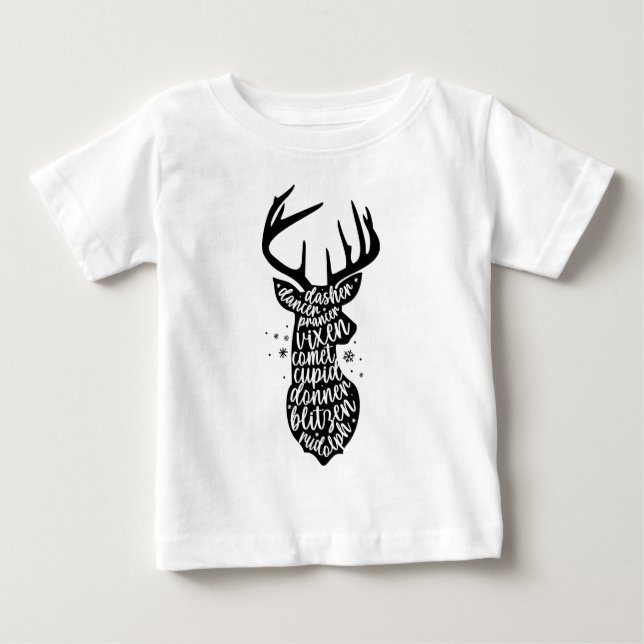 Santa's Christmas Reindeers, Black & White Baby T-Shirt (Front)