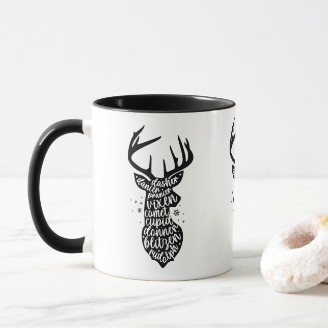 Santa's Christmas Reindeers, Black & White Mug (With Donut)