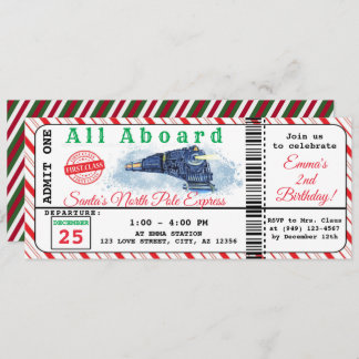 Santa's Christmas Train North Pole Ticket Birthday Invitation