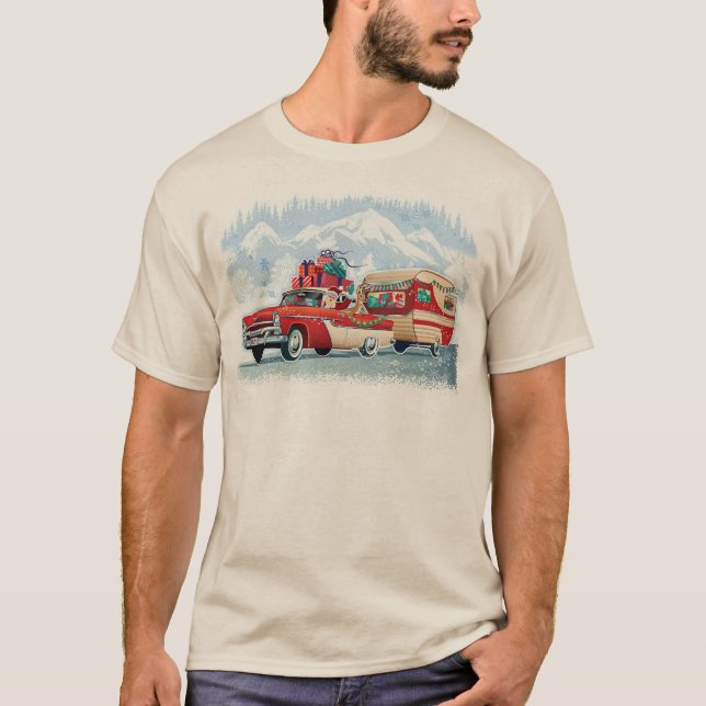 Santa's Classic Car + Camper Christmas T Shirt (Front)