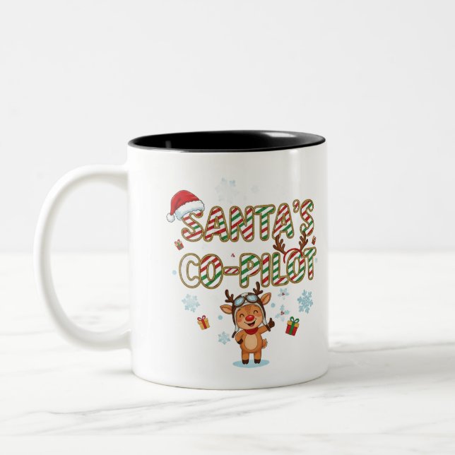 Santa's Co-Pilot Reindeer Christmas Two-Tone Coffee Mug (Left)