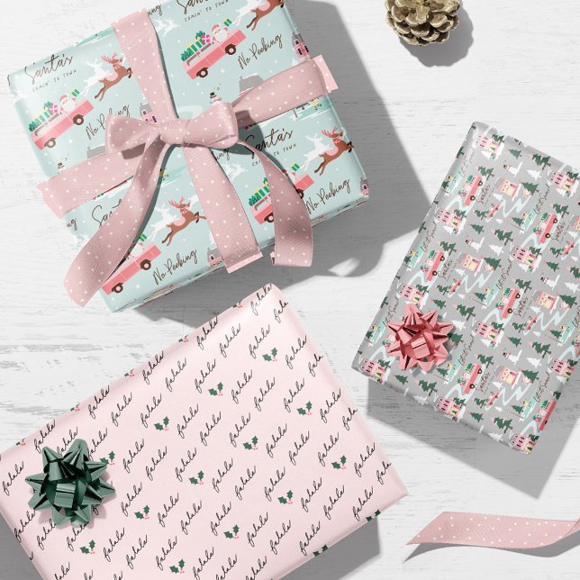 Santa's Comin' To Town Pink Retro Van Wrapping Paper Sheets (Santa's Comin' To Town Pink Retro Van Wrapping Wrapping Paper Sheets)