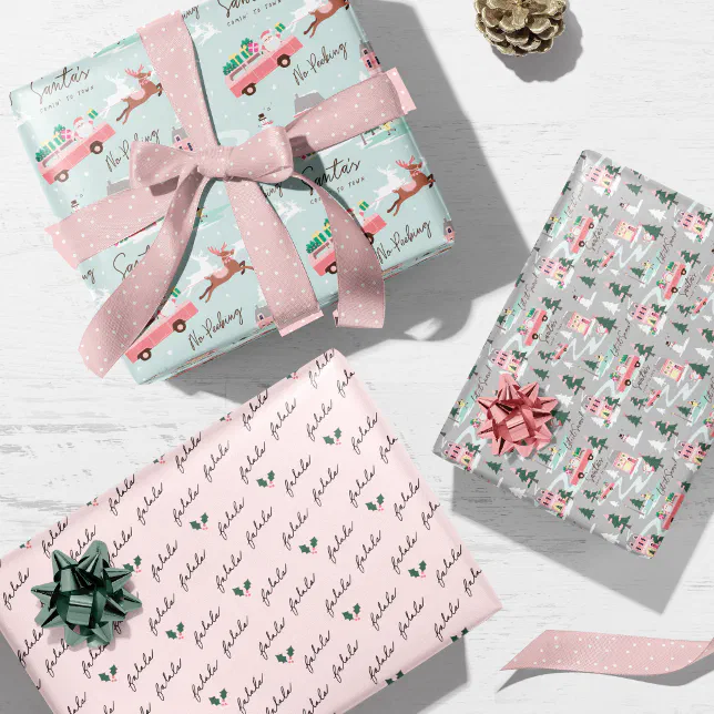 Santa's Comin' To Town Pink Retro Van Wrapping Wrapping Paper Sheets ...