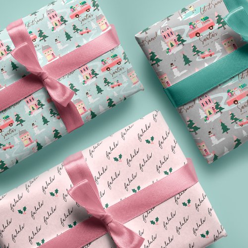Santas Comin To Town Pink Retro Van Wrapping Wrapping Paper Sheets