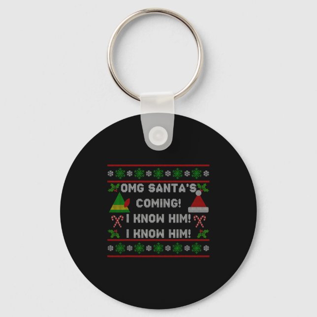 Santa's Coming! I Know Him! Ugly Christmas Sweater Keychain (Front)