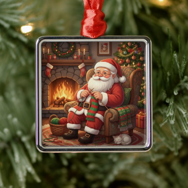 "Santa's Cozy Knitting Nook" Personalized Metal Ornament (Tree)