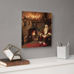 Santa's Cozy Nook Square Wall Clock