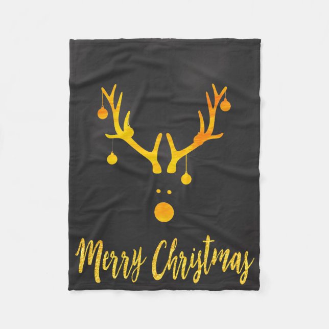 Santas cute reindeer faux gold on gray fleece blanket (Front)