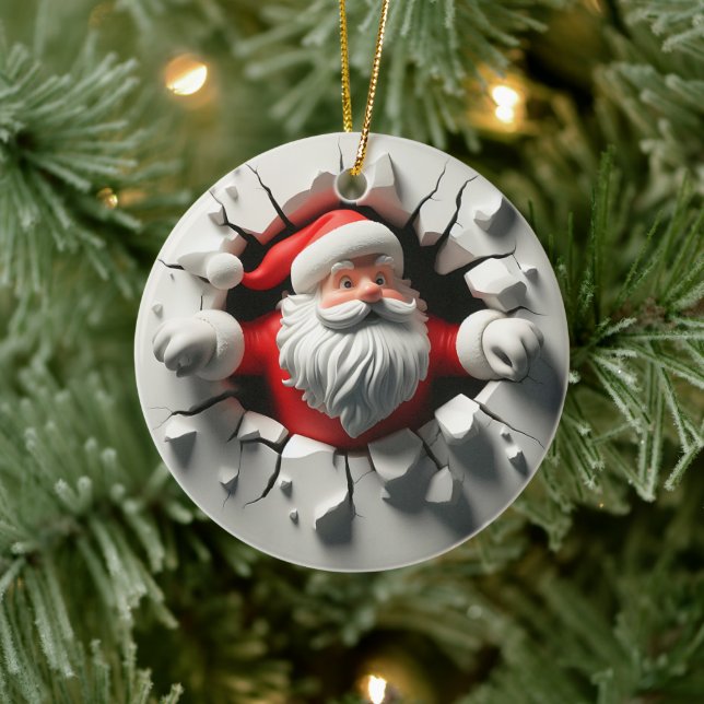 Santa's Dramatic Wall Break Christmas Ceramic Ornament (Tree)