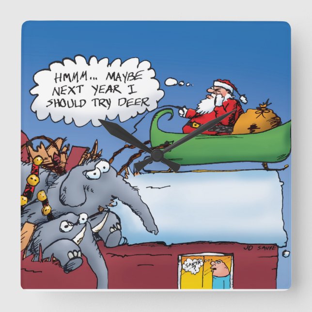 Santas Elephants Funny Holiday Cartoon Square Wall Clock (Front)