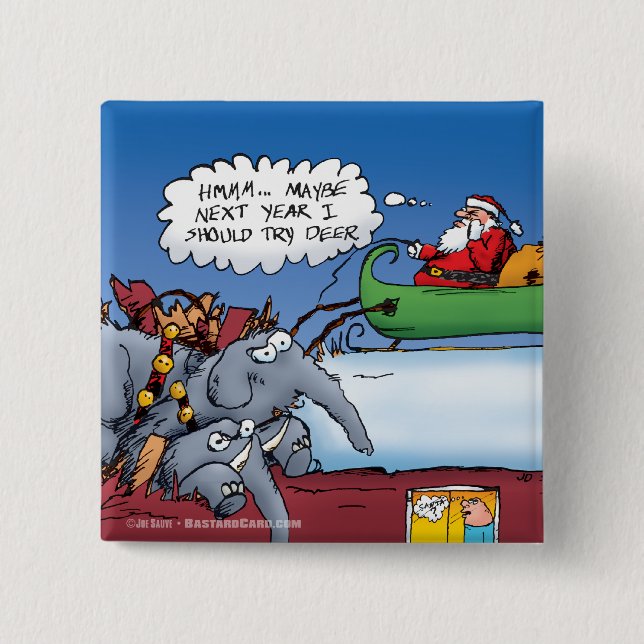 Santas Elephants Holiday Cartoon Pinback Button (Front)