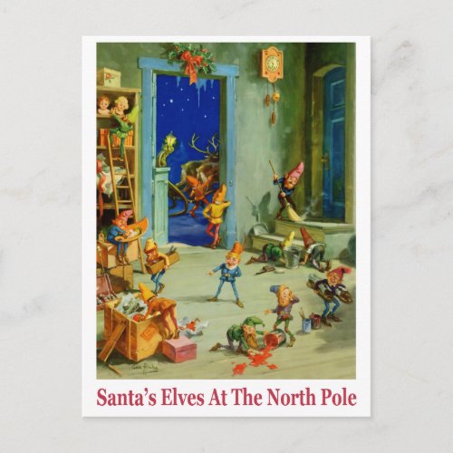 Santas Elves Busy at the North Pole Holiday Postcard