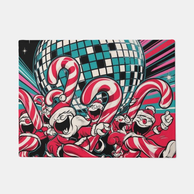 Santa's Elves Candy Canes Dance A Under Disco Ball Doormat (Front)