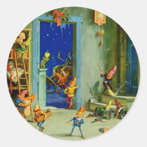 Santas Elves In His Workshop on Christmas Eve Classic Round Sticker