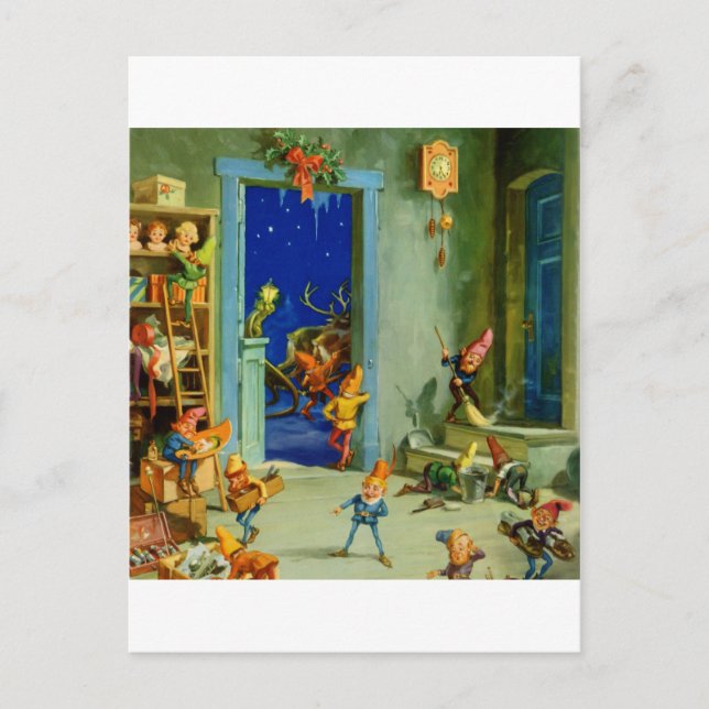 Santa's Elves In His Workshop on Christmas Eve Holiday Postcard (Front)
