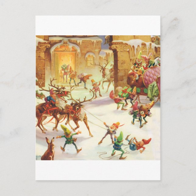 SANTA'S ELVES LOAD HIS SLEIGH WITH GIFTS HOLIDAY POSTCARD (Front)