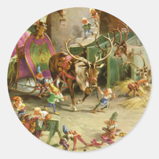 Santa's Elves Ready His Sleigh and Reindeer Classic Round Sticker