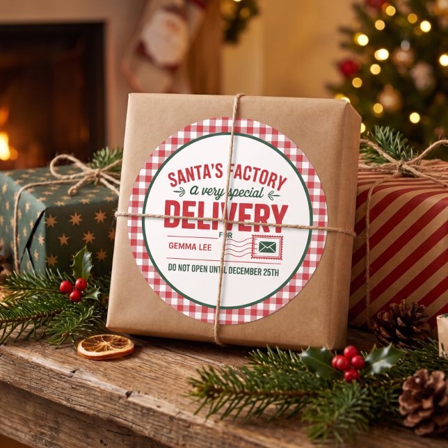 Santa's Factory Special Santa Delivery Plaid Classic Round Sticker (Creator Uploaded)