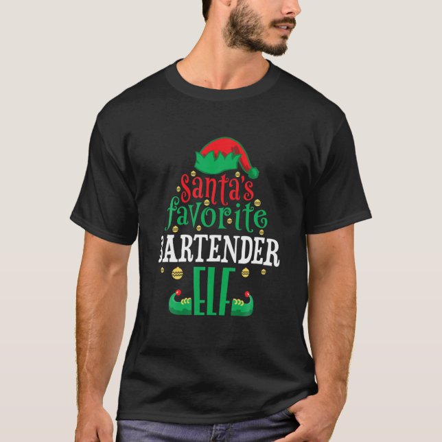 Santa's Favorite Bartender Elf Christmas Matching T-Shirt (Front)