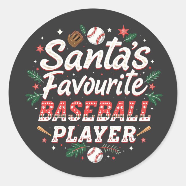 Santa's Favorite Baseball Player Christmas Tree Classic Round Sticker (Front)