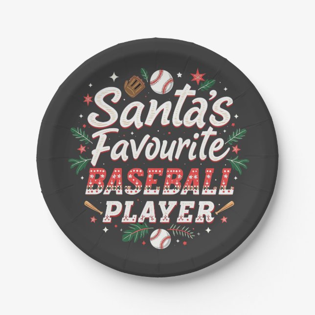 Santa's Favorite Baseball Player Christmas Tree Paper Plates (Front)