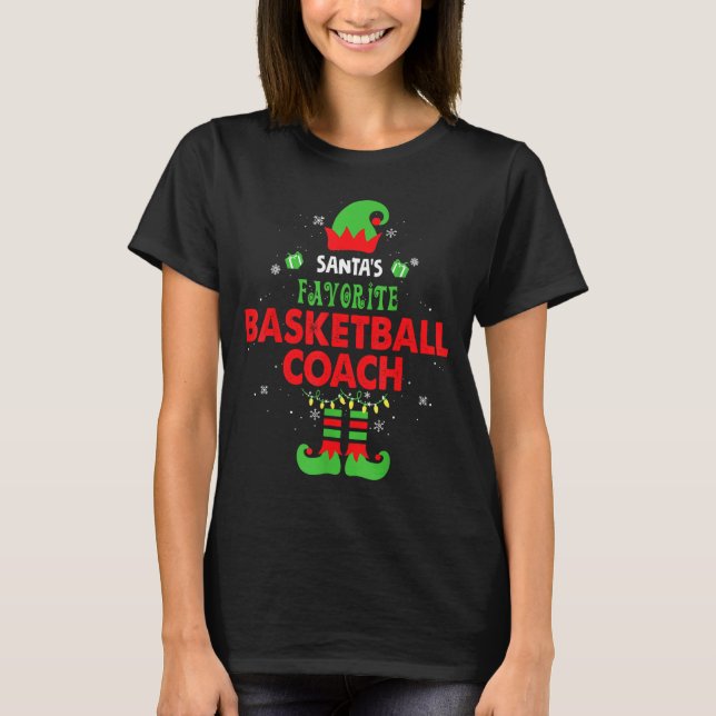 Santa's Favorite Basketball Coach Funny Elf Family T-Shirt (Front)