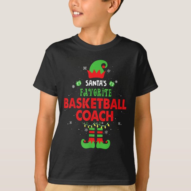 Santa's Favorite Basketball Coach Funny Elf Family T-Shirt (Front)
