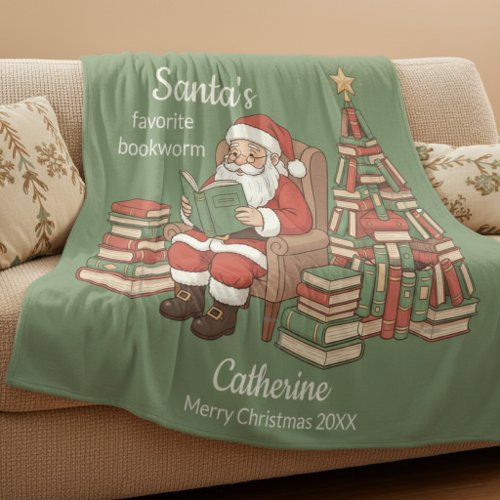 Santa's Favorite Bookworm Christmas Name And Year  Fleece Blanket