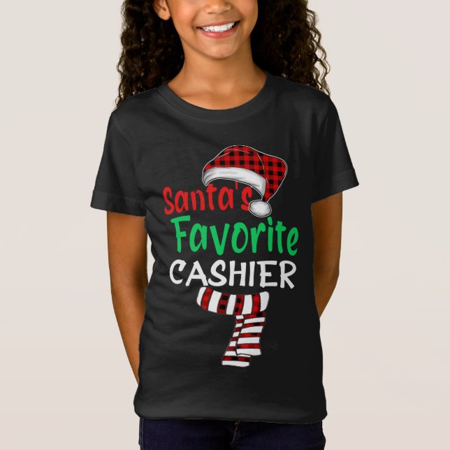 Santa's Favorite Cashier Christmas Santa Red Plaid T-Shirt (Front)