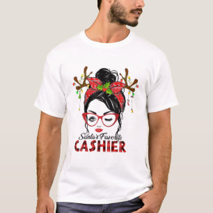 Santa's Favorite Cashier Messy Bun Christmas T-Shirt