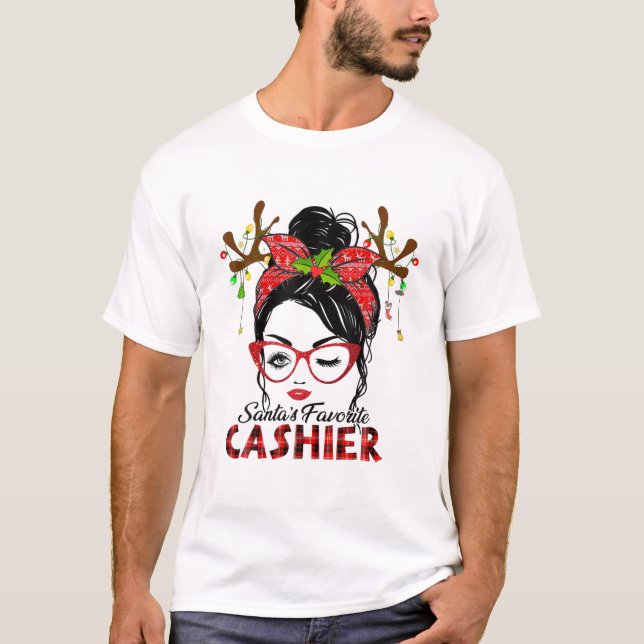 Santa's Favorite Cashier Messy Bun Christmas T-Shirt (Front)