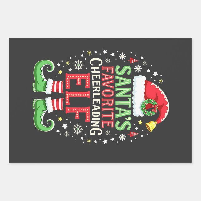 Santa's Favorite Cheerleading Elf Family Matching  Wrapping Paper Sheets (Front)