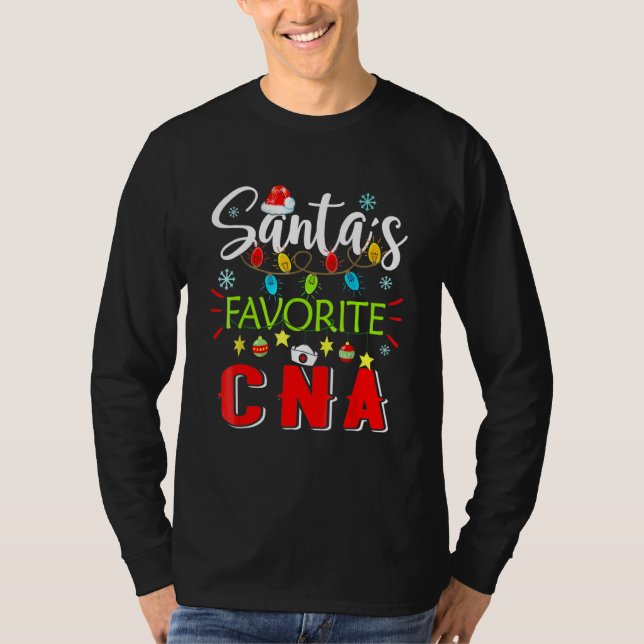 Santa's Favorite CNA Nurse Xmas Light Santa Hat Ch T-Shirt (Front)
