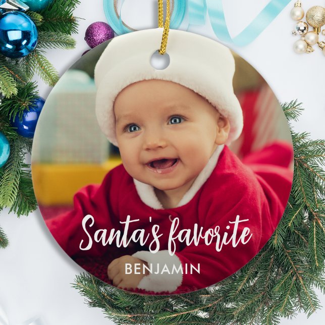 Santa's Favorite Cute Baby Photo Christmas Ceramic Ornament (Creator Uploaded)